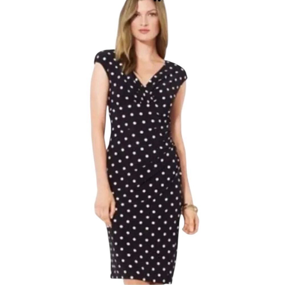 Ralph Lauren Polka Dot Jersey Faux Black White French Chic Classic Wrap Dress 10